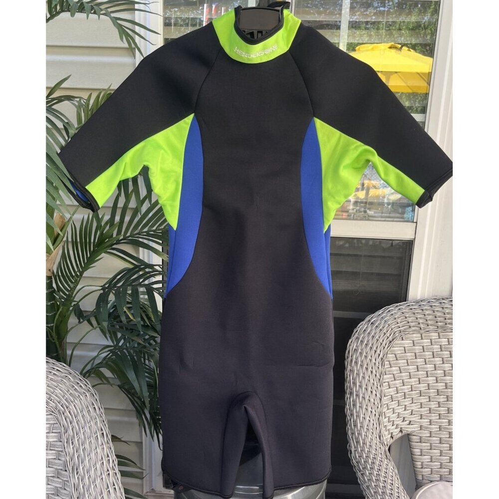 Unbranded Women's Short Sleeve Neoprene Wetsuit - Black with Lime & Blue